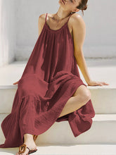 A-Line Loose Pleated Solid Color Split-Joint Round-Neck Midi Dresses Slip Dress